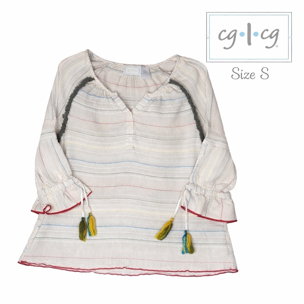 CG L CG Boho Peasant Blouse Size S Stripe Tassel Sleeve Festival Cottagecore